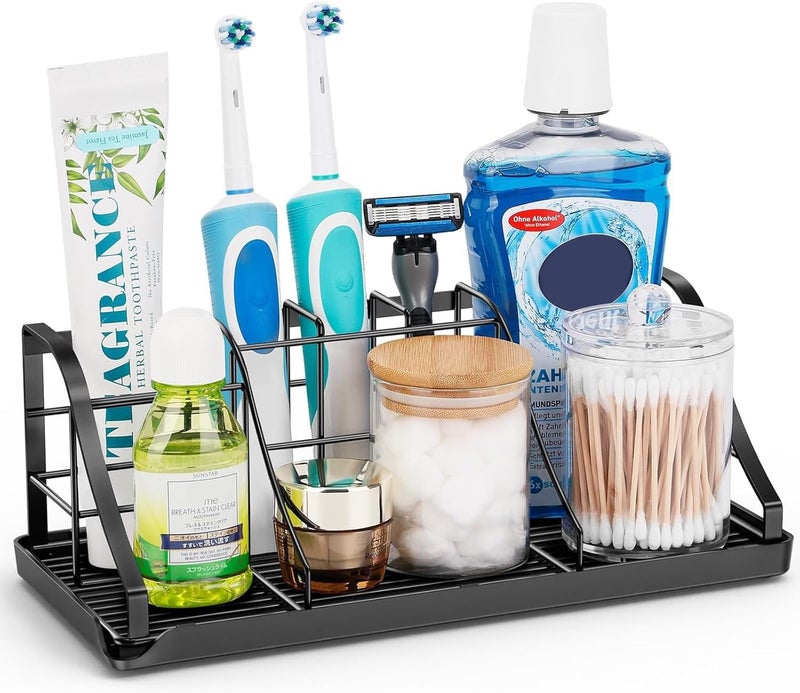 Chintu Bathroom Countertop Organizer - Detachable 7 Slots Kids Electric Black Toothbrush and Toothpaste Holder Drainage Tray for Bathroom Accessories Organization Counter Vanity Sink Storage - Image 1